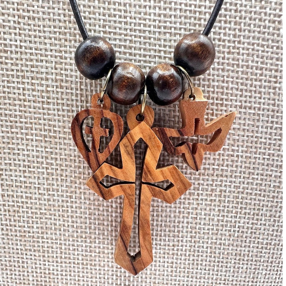 Vintage‎ 50s Handmade Wood Necklace Cross Heart Holy Spirit Dove Charms Jewelry
